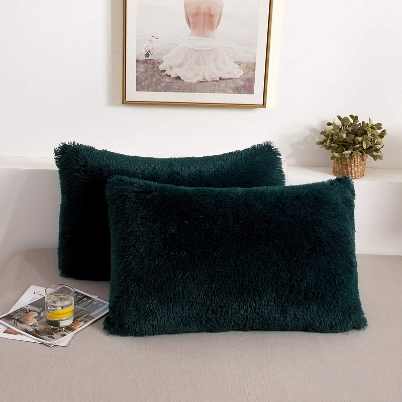 XeGe Faux Fur Throw Pillow Cases, Plush Shaggy Ultra Soft Pillow Covers, Fluffy Crystal Velvet Decorative Pillowcases, Furry Fuzzy Pillow Shams Zipper Closure, Set of 2 (Standard, Dark Green) - Image 1